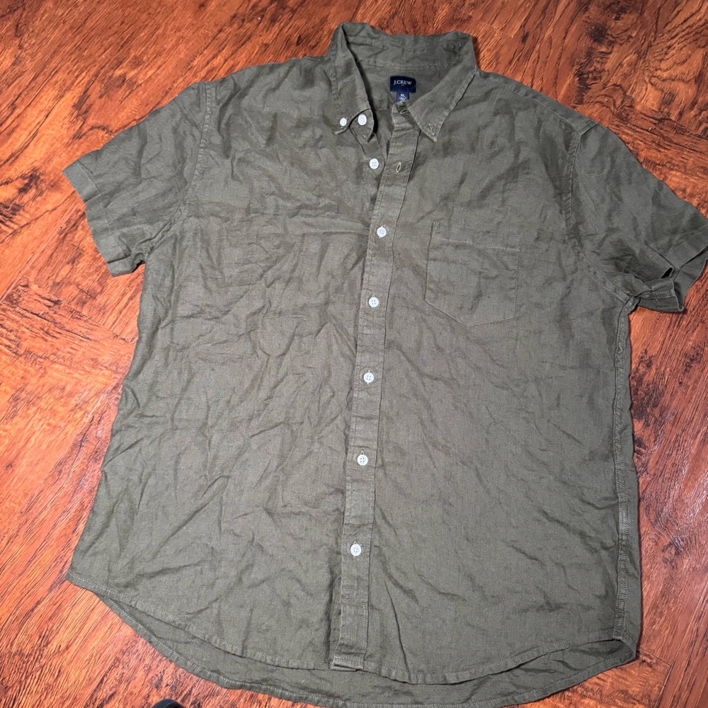 J.Crew Mens Short Sleeve Button Down Linen Cotton Shirt Olive Green Size XL
